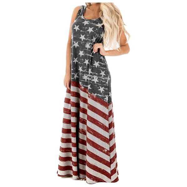 casual dresses women loose independence day festival printed dress summer sleeveless u-neck maxi long comfy sundress vestidos, Black;gray