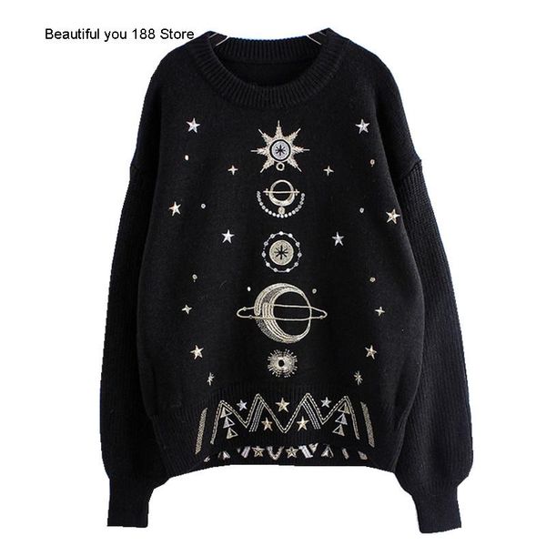 women's sweaters lazy sweater women loose fall temperament embroidery coat, White;black
women's sweaters lazy sweater women loose fall temperament embroidery coat, White;black