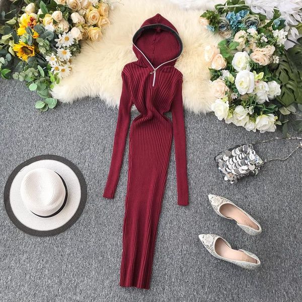 casual dresses autumn winter women knitted dress vintage hooded long sleeve solid slim sports mid length stripe sweater b688, Black;gray
casual dresses autumn winter women knitted dress vintage hooded long sleeve solid slim sports mid length stripe sweater b688, Black;gray