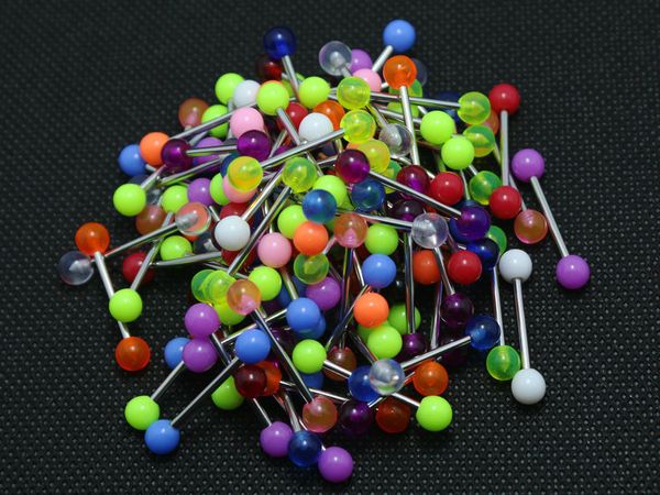 tongue rings mix colors 100pcs body piercing jewelry stainless steel barbell acrylic 5mm ball earring, Silver