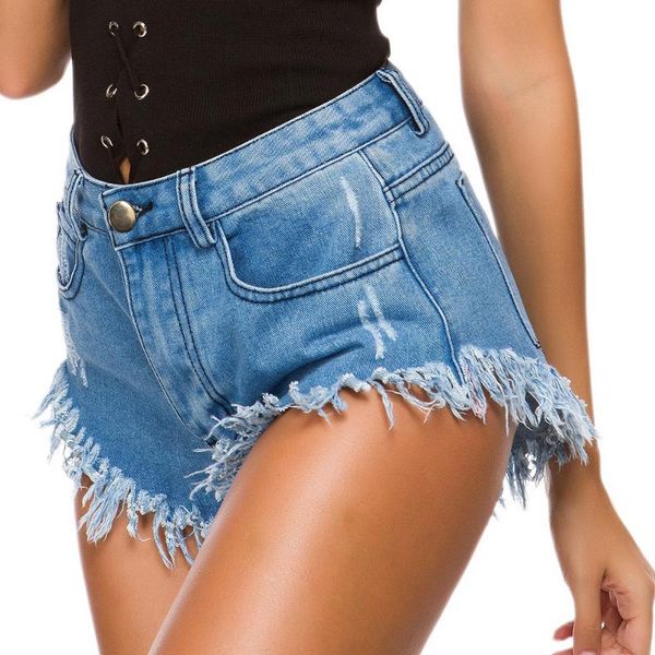 women's jeans autumn shorts pants high waist hole nightclub wear, Blue