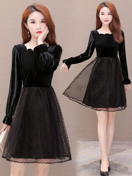 long sleeve women's spring and autumn 2021 new fashion temperament small black dress show thin velvet sweet short princess skirt, Black;gray
long sleeve women's spring and autumn 2021 new fashion temperament small black dress show thin velvet sweet short princess skirt, Black;gray