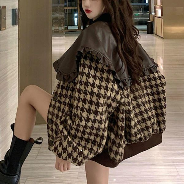 women's jackets autumn fashion loose pu patchwork woolen coats women ruffles turn-down collar casual korean retro outwear spring, Black;brown
women's jackets autumn fashion loose pu patchwork woolen coats women ruffles turn-down collar casual korean retro outwear spring, Black;brown