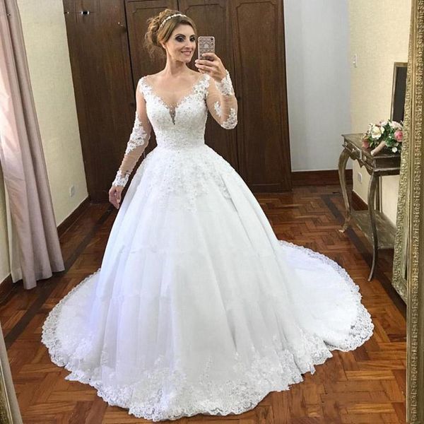 long sleeves lace ball gown wedding dresses 2021 with beaded appliques scoop neck sweep train wedding bridal gowns vestido de noiva, White
long sleeves lace ball gown wedding dresses 2021 with beaded appliques scoop neck sweep train wedding bridal gowns vestido de noiva, White