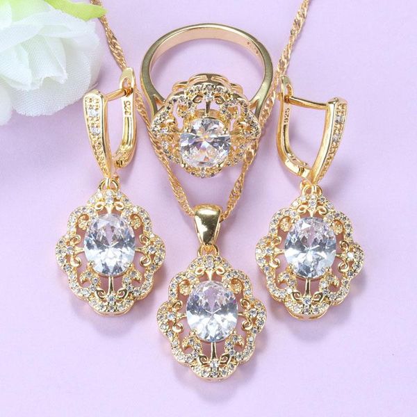 earrings & necklace elegant women sets white cubic zirconia flower wedding costume and pendant ring gold-color jewelry, Silver
earrings & necklace elegant women sets white cubic zirconia flower wedding costume and pendant ring gold-color jewelry, Silver