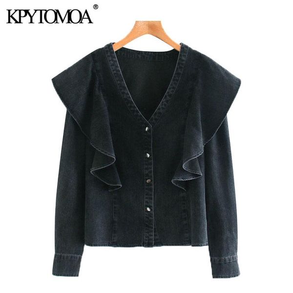 kpytomoa women 2021 fashion ruffled snap-button denim blouses vintage v neck long sleeve female shirts blusas chic, White
kpytomoa women 2021 fashion ruffled snap-button denim blouses vintage v neck long sleeve female shirts blusas chic, White