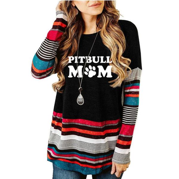 women's t-shirt pitbull mom for letters printed women o-neck casual cotton funny long sleeve striped crew neck large top, White