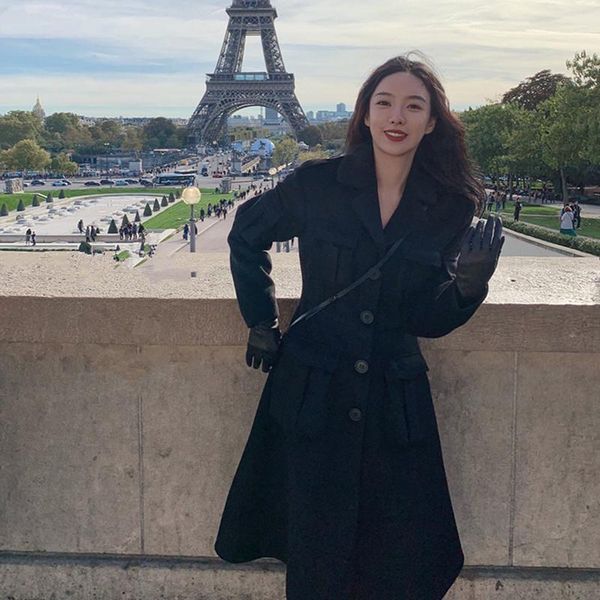 women's wool & blends fashion woolen coat female long section autumn and winter wild casual loose slim slimming over the knee trench, Black
women's wool & blends fashion woolen coat female long section autumn and winter wild casual loose slim slimming over the knee trench, Black