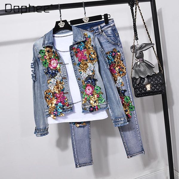 2021 spring new women's casual denim suit flower sequins fashion denim jacket coat skinny jeans two-piece set coat and pants, White
2021 spring new women's casual denim suit flower sequins fashion denim jacket coat skinny jeans two-piece set coat and pants, White