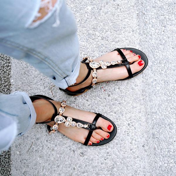 sandals ymechic 2021 summer flat heel sweet crystal rhinestone party beach shoes ankle buckle gladiator women black silver shoe