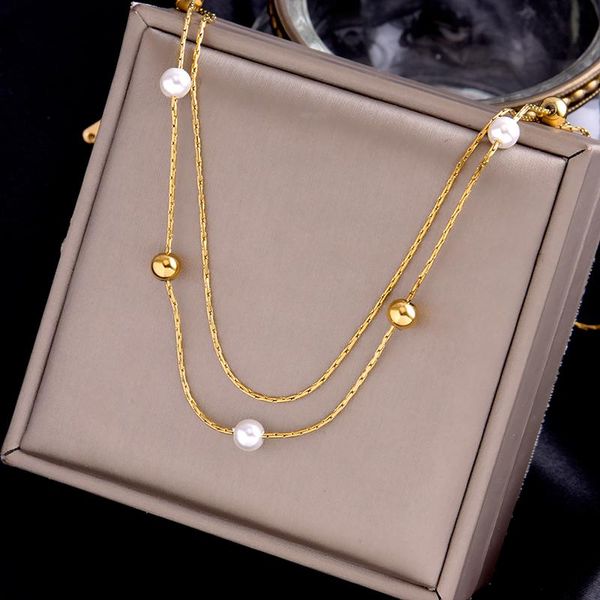 chains titanium stainless steel double layer necklace bead stylish fashion jewelry french style women's accessories, Silver
chains titanium stainless steel double layer necklace bead stylish fashion jewelry french style women's accessories, Silver