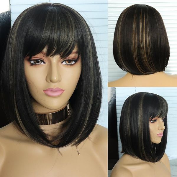 synthetic wigs short bob wig with bangs highlights heat resistant full machine made natural for women ness, Black
synthetic wigs short bob wig with bangs highlights heat resistant full machine made natural for women ness, Black