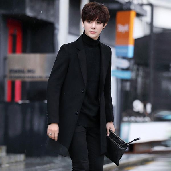 men's wool & blends autumn and winter 50% woolen coat korean version thickened medium long windbreaker, Black
men's wool & blends autumn and winter 50% woolen coat korean version thickened medium long windbreaker, Black