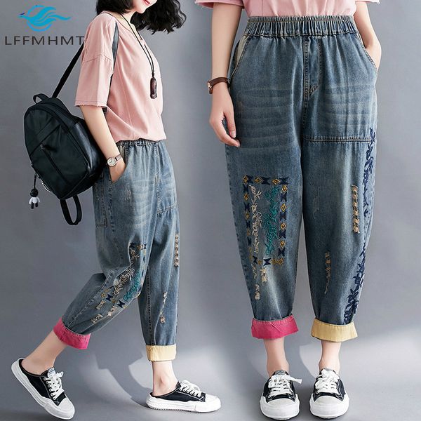 2021 women summer new fashion vintage elastic waist embroidery ripped cropped office lady denim trouser female essh, Blue
2021 women summer new fashion vintage elastic waist embroidery ripped cropped office lady denim trouser female essh, Blue