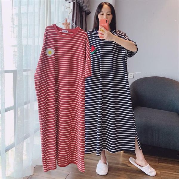 nightdress cotton striped nightwear womens sleepwears home dressing gown plus size short sleeve homewear summer long nightgown, Black;red 
nightdress cotton striped nightwear womens sleepwears home dressing gown plus size short sleeve homewear summer long nightgown, Black;red