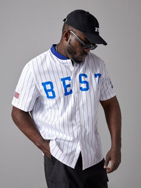 extended sizes men striped & letter graphic shirt 91hm#, White;black 
extended sizes men striped & letter graphic shirt 91hm#, White;black