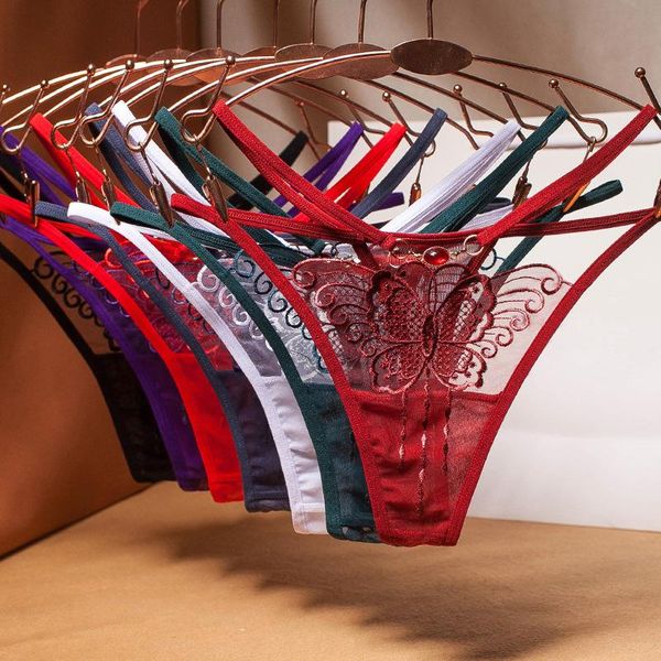 women's panties lace butterfly thong ladies embroidered mesh yarn perspective young women girls underwear t pants g-string thongs, Black;pink