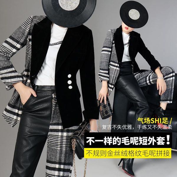 women's suits & blazers europe women high street fashion turn down collar wool velvet patchwork button female office formal plaid ol, White;black 
women's suits & blazers europe women high street fashion turn down collar wool velvet patchwork button female office formal plaid ol, White;black