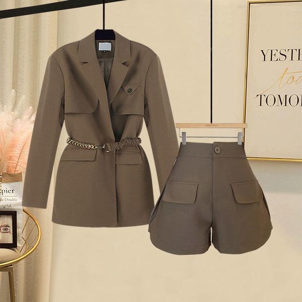 women's tracksuits fashion blazer women chic jackets with belt casual solid color shorts suit autumn female long-sleeve pockets and set, Gray 
women's tracksuits fashion blazer women chic jackets with belt casual solid color shorts suit autumn female long-sleeve pockets and set, Gray