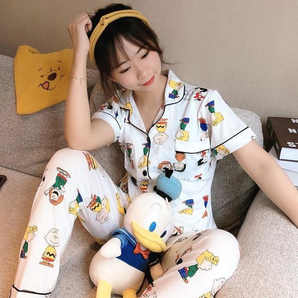 2020 new women's pajamas summer short-sleeved trousers 2 pcs sets of home clothes cartoon printing loose ice silk cool pyjamas, Black;red
2020 new women's pajamas summer short-sleeved trousers 2 pcs sets of home clothes cartoon printing loose ice silk cool pyjamas, Black;red