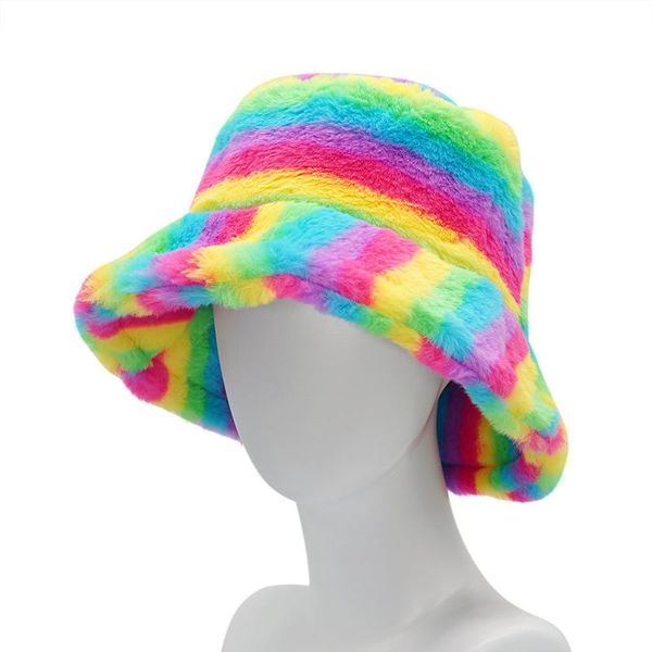wide brim hats 2021 winter women bucket hat faux fur fisherman cap rainbow striped soft warm cloche female, Blue;gray
wide brim hats 2021 winter women bucket hat faux fur fisherman cap rainbow striped soft warm cloche female, Blue;gray