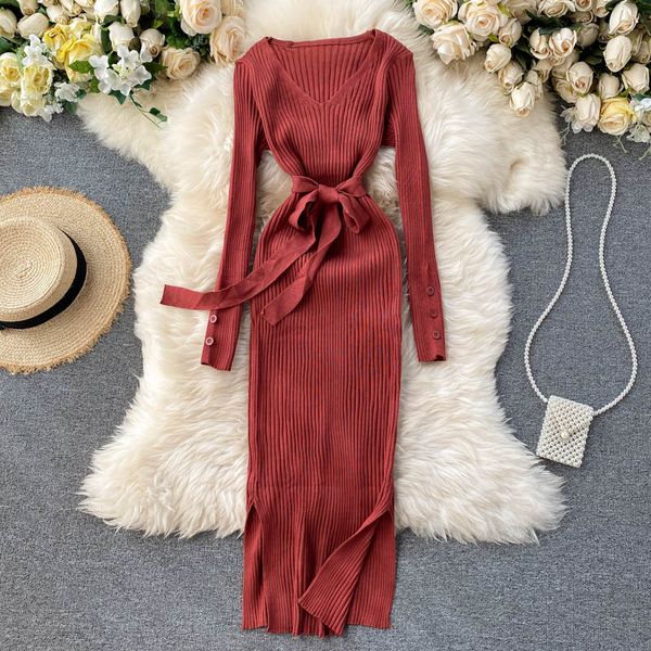 women knitted sweater dress autumn winter lace up elastic button long sleeve retro dresses design split slim dress, Black;gray
women knitted sweater dress autumn winter lace up elastic button long sleeve retro dresses design split slim dress, Black;gray