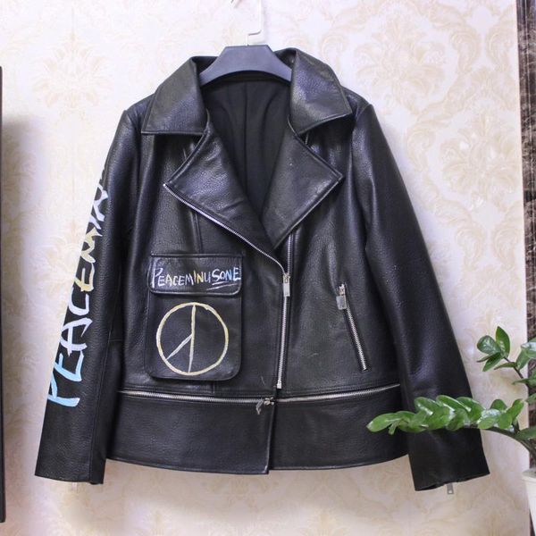 women's leather & faux customized chrysanthemum pattern printed genuine jacket female soft real coat natural sheep f1900, Black
women's leather & faux customized chrysanthemum pattern printed genuine jacket female soft real coat natural sheep f1900, Black