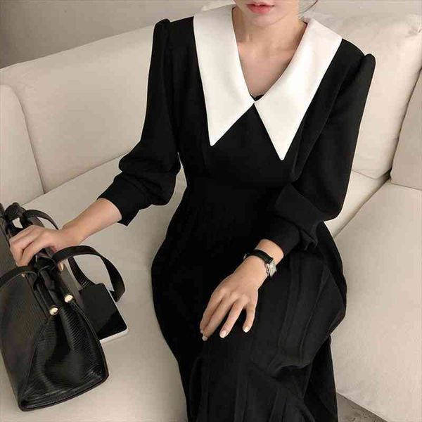 korean chic autumn slim women dress patchwork contrast lapel long sleeve pleated black retro elegant vestido feminino, Black;gray
korean chic autumn slim women dress patchwork contrast lapel long sleeve pleated black retro elegant vestido feminino, Black;gray
