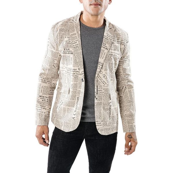 men's suits & blazers spring autumn spaper printed men jackets single button slim fit lapel man casual male streetwear suit coat, White;black
men's suits & blazers spring autumn spaper printed men jackets single button slim fit lapel man casual male streetwear suit coat, White;black