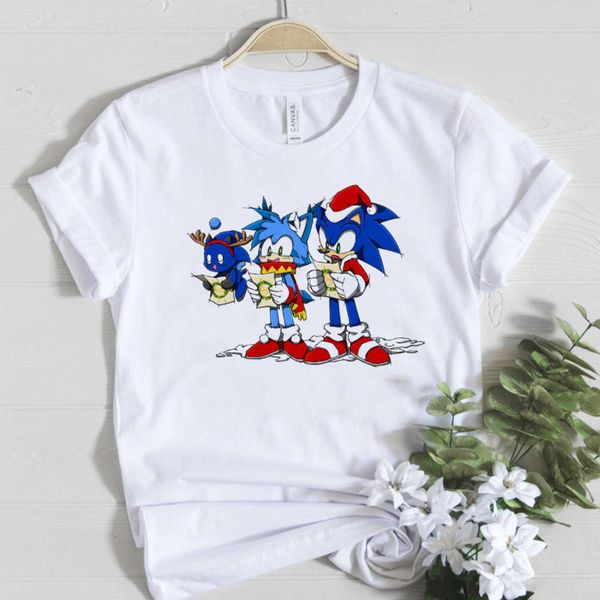 hedgehog sonic boy casual girl round neck short sleeve cotton t-shirt, White