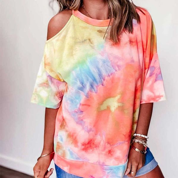 women's printed tie dyed v-neck diagonal neck off shoulder large women's short sleeve t-shirt, White
women's printed tie dyed v-neck diagonal neck off shoulder large women's short sleeve t-shirt, White