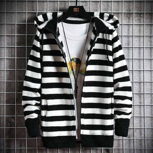 knitted cardigan 2020 new winter stripe thickened hooded coat men's wear trend sweater, White;black
knitted cardigan 2020 new winter stripe thickened hooded coat men's wear trend sweater, White;black