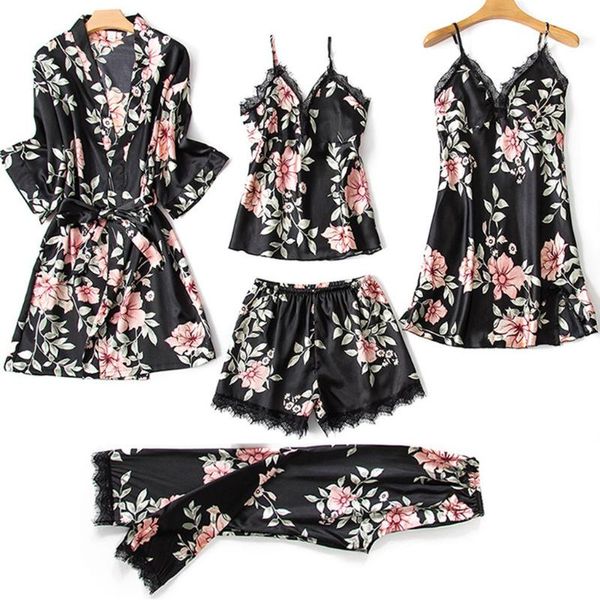 women's sleepwear 5pcs robe sets lace satin bathrobe trousers shorts lingerie set pajamas dress, Black;red
women's sleepwear 5pcs robe sets lace satin bathrobe trousers shorts lingerie set pajamas dress, Black;red