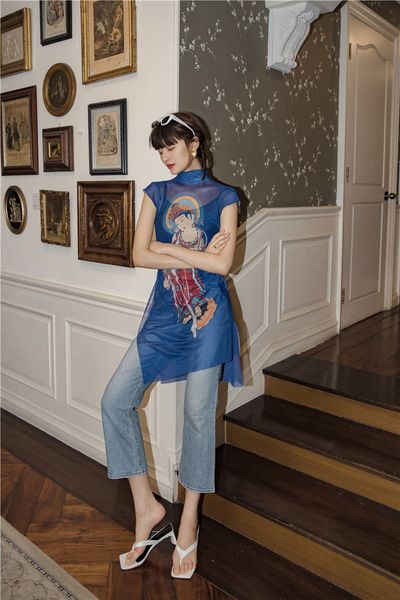2021 new buddha print turtleneck long mesh blouse women blue short sleeve summer ladies asymmetrical fashion vfxg, White
2021 new buddha print turtleneck long mesh blouse women blue short sleeve summer ladies asymmetrical fashion vfxg, White