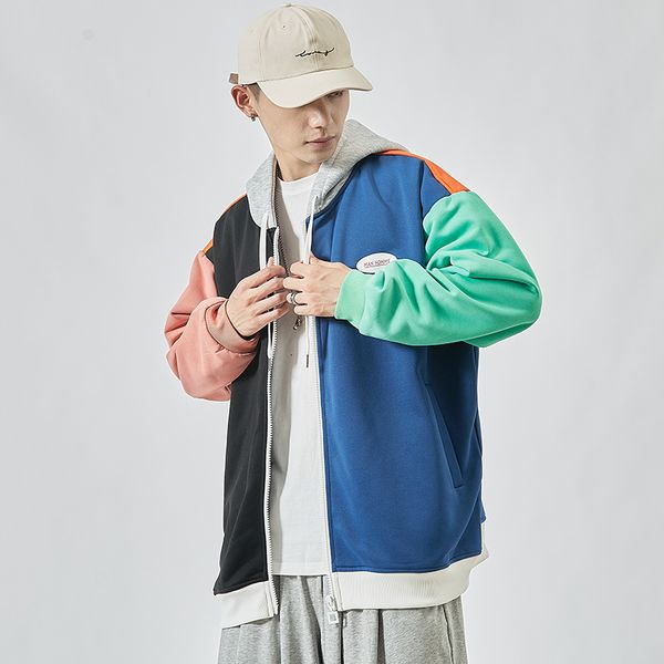 2021 autumn new mens loose large size casual stitching hooded pullover jacket sweater jacket with zipper, White;black
2021 autumn new mens loose large size casual stitching hooded pullover jacket sweater jacket with zipper, White;black