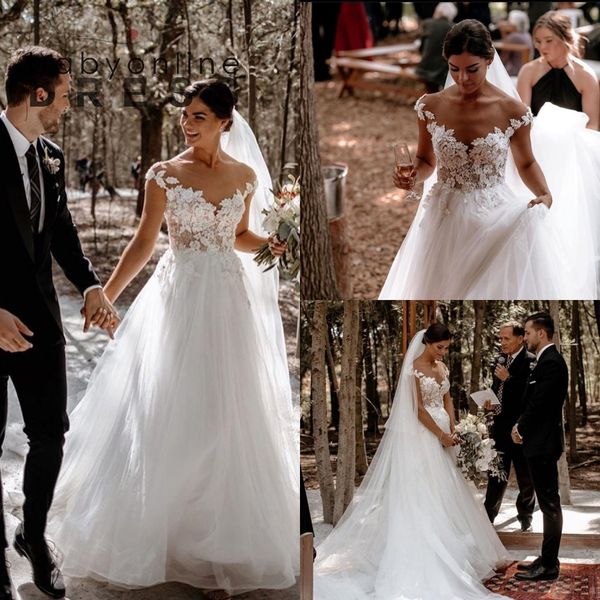 country bohemian lace tulle wedding dresses 2021 sheer neck cap sleeves lace appliques boho wedding gowns bc5612, White
country bohemian lace tulle wedding dresses 2021 sheer neck cap sleeves lace appliques boho wedding gowns bc5612, White