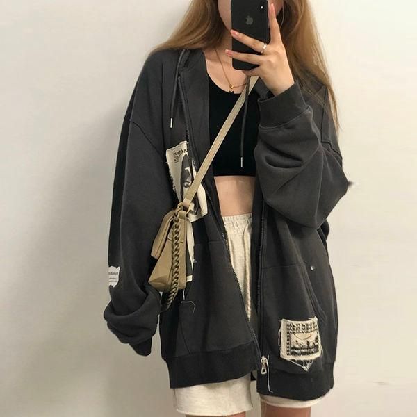 women's jackets 2021 zipper hoodie jacket loose retro casual stitching korean coats women woman goth clothing, Black;brown 
women's jackets 2021 zipper hoodie jacket loose retro casual stitching korean coats women woman goth clothing, Black;brown