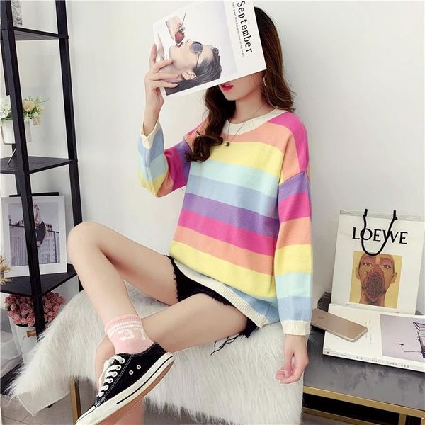 women's sweaters 2021 autumn sweater korean plus size striped o neck long sleeve knitted pullover casual loose rainbow, White;black
women's sweaters 2021 autumn sweater korean plus size striped o neck long sleeve knitted pullover casual loose rainbow, White;black