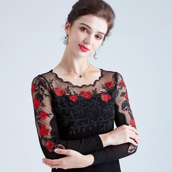 4xl plus size women new 2021 spring long sleeve embroidered mesh shirt elegnat slim women blouse shirt, White