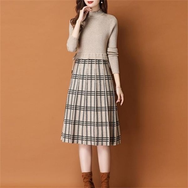 autumn winter hem plaid knited dresse long sleeve adjustable waist soft rib sweater a-line big size party dress 211109, Black;gray 
autumn winter hem plaid knited dresse long sleeve adjustable waist soft rib sweater a-line big size party dress 211109, Black;gray