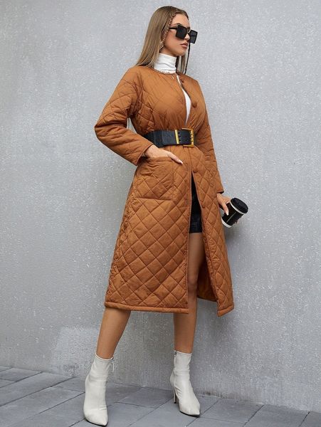 dual pockets single breasted quilted coat without belt o12w#, Black
dual pockets single breasted quilted coat without belt o12w#, Black