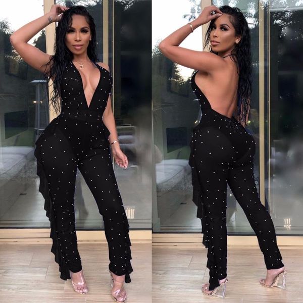 women's jumpsuits & rompers 2021 summer solid color sleeveless off shoulder haler bandage backless v-neck bead women female playsuits, Black;white
women's jumpsuits & rompers 2021 summer solid color sleeveless off shoulder haler bandage backless v-neck bead women female playsuits, Black;white