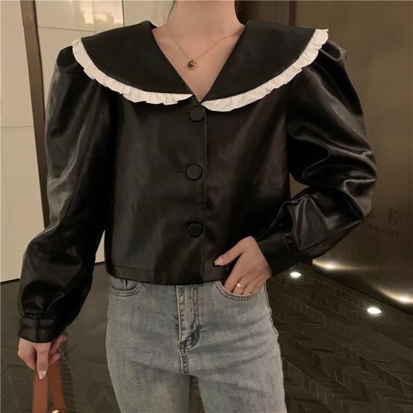 women's leather & faux autumn 2021 doll collar short jacket female puff sleeve pu patchwork solid, Black
women's leather & faux autumn 2021 doll collar short jacket female puff sleeve pu patchwork solid, Black