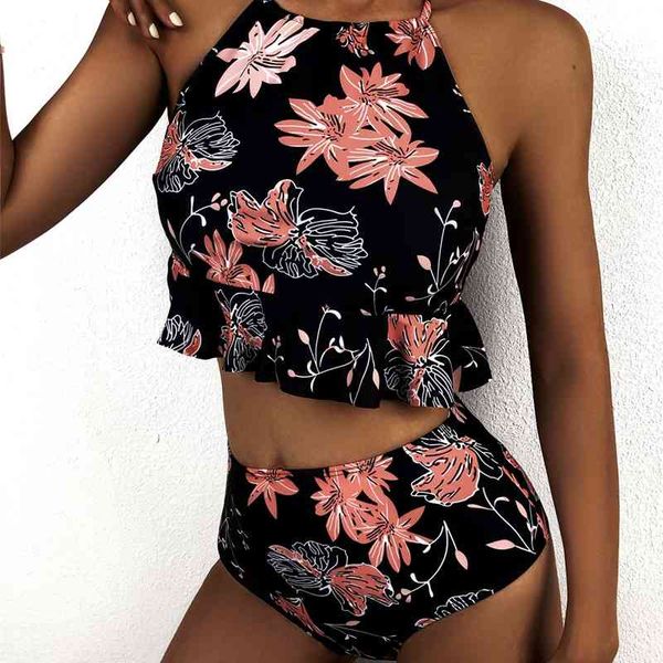 2021 new printed split bikini neck belly pocket high waist women's swimsuit, White;black
2021 new printed split bikini neck belly pocket high waist women's swimsuit, White;black