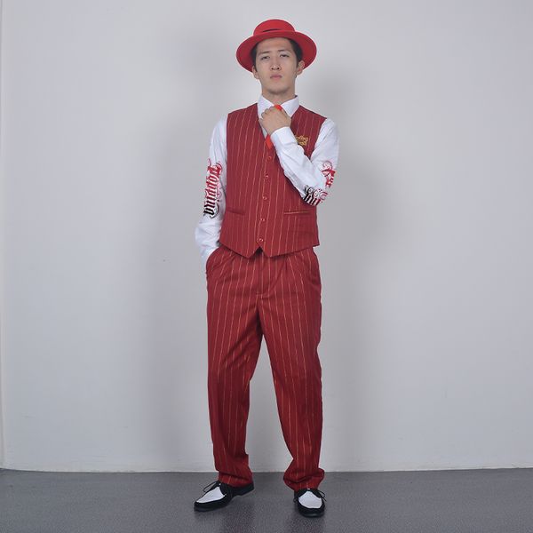 stage wear popping personality gold color striped suit locking performance standard uniform vest pants tie mechanical lock dance suits, Black;red
stage wear popping personality gold color striped suit locking performance standard uniform vest pants tie mechanical lock dance suits, Black;red