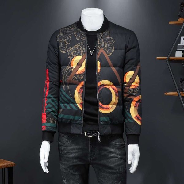 winter new slim cool print baseball collar 90 white warm down men's jacket high quality, Black
winter new slim cool print baseball collar 90 white warm down men's jacket high quality, Black