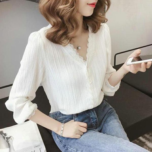 women's blouses & shirts 2021 autumn v-neck puff sleeve solid blouse striped lace plus size long single breasted chic 11087, White
women's blouses & shirts 2021 autumn v-neck puff sleeve solid blouse striped lace plus size long single breasted chic 11087, White