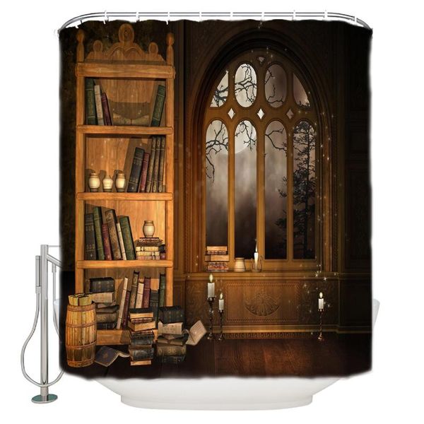 shower curtains library book cabinet candle retro style pattern polyester fabric waterproof bath curtain