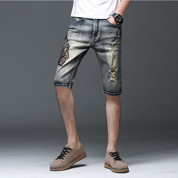 men's jeans embroidered torn hole denim thin vintage shorts fit knee height jeans summer casual streetwear cowboy 8fs5, Blue
men's jeans embroidered torn hole denim thin vintage shorts fit knee height jeans summer casual streetwear cowboy 8fs5, Blue