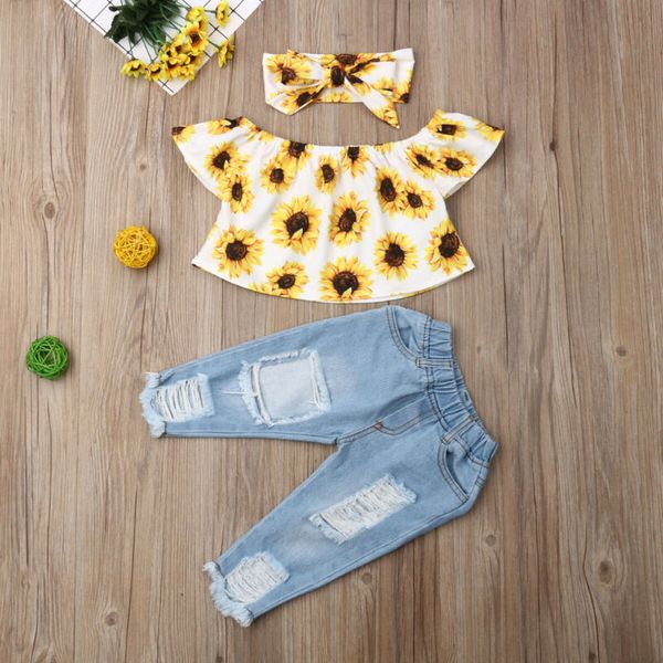 6m-4t fashion kids baby girl off shoulder sunflower shirt ripped denim jeans 3pcs outfits set summer clothing, White
6m-4t fashion kids baby girl off shoulder sunflower shirt ripped denim jeans 3pcs outfits set summer clothing, White